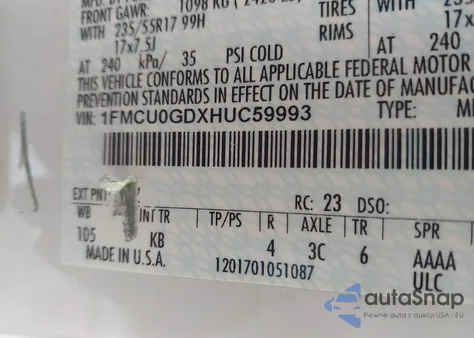 2017 Ford Escape Se из США, поврежденный, VIN 1FMCU0GDXHUC59993